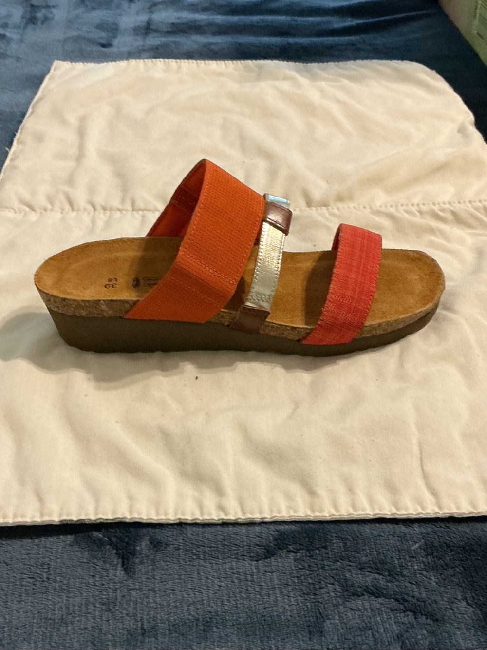 Naot Women's Orange and Red Slide Sandal with Metallic Silver Strap